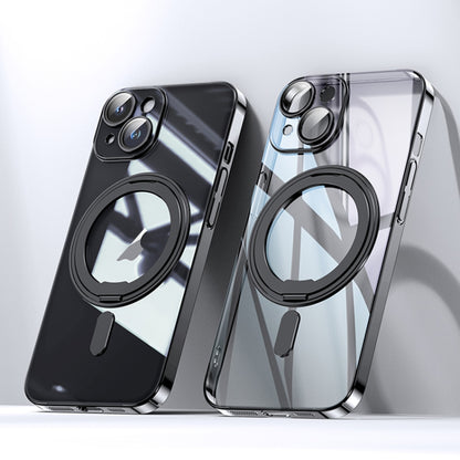 For iPhone 15 Plating PC 360 Ring Holder Magsafe Phone Case(Clear Black) - iPhone 15 Cases by buy2fix | Online Shopping UK | buy2fix