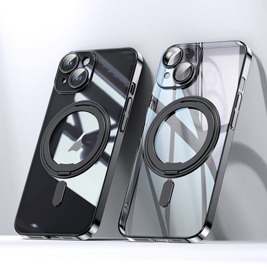 For iPhone 15 Plating PC 360 Ring Holder Magsafe Phone Case(Clear Black) - iPhone 15 Cases by buy2fix | Online Shopping UK | buy2fix