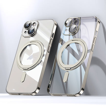 For iPhone 15 Plating PC 360 Ring Holder Magsafe Phone Case(Clear Gold) - iPhone 15 Cases by buy2fix | Online Shopping UK | buy2fix