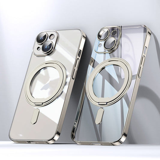 For iPhone 15 Plating PC 360 Ring Holder Magsafe Phone Case(Clear Gold) - iPhone 15 Cases by buy2fix | Online Shopping UK | buy2fix