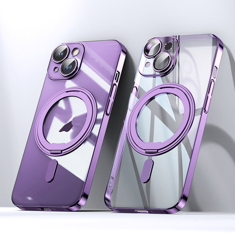 For iPhone 14 Plating PC 360 Ring Holder Magsafe Phone Case(Clear Purple) - iPhone 14 Cases by buy2fix | Online Shopping UK | buy2fix