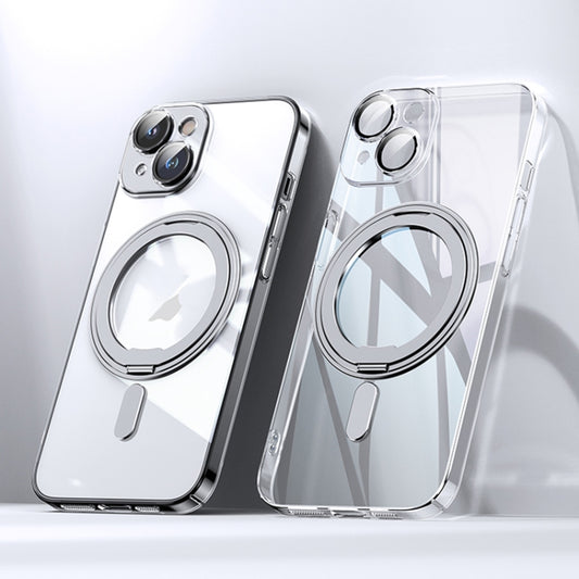For iPhone 14 Plating PC 360 Ring Holder Magsafe Phone Case(Transparent) - iPhone 14 Cases by buy2fix | Online Shopping UK | buy2fix