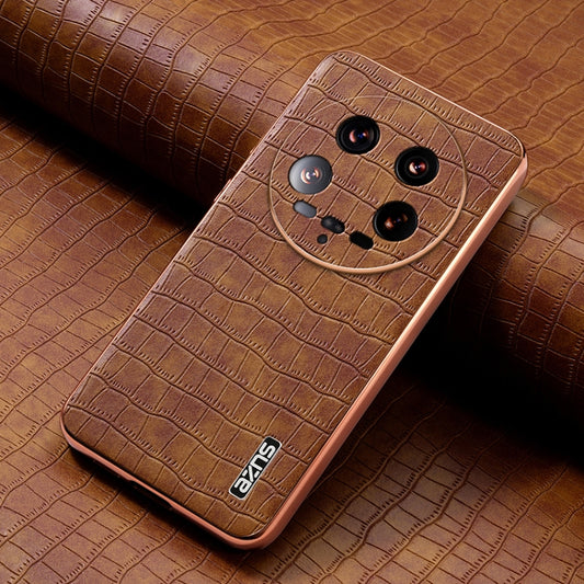 For Xiaomi 14 Ultra AZNS Electroplated Frame Crocodile Texture Full Coverage Phone Case(Brown) - 14 Ultra Cases by AZNS | Online Shopping UK | buy2fix