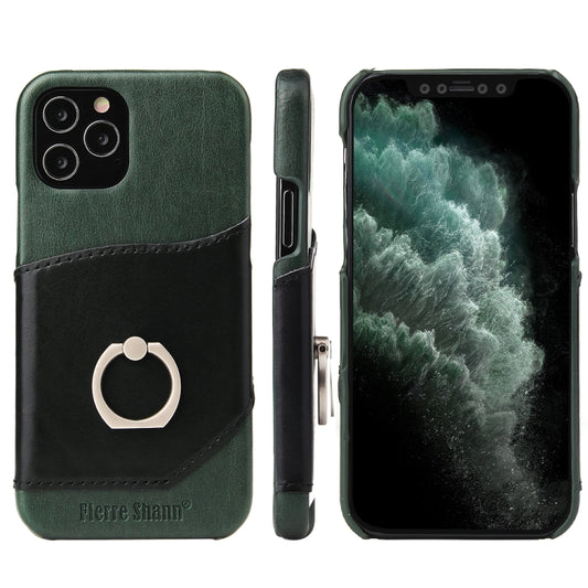 For iPhone 12 Pro Max Fierre Shann Oil Wax Texture Genuine Leather Back Cover Case with 360 Degree Rotation Holder & Card Slot(Black+Green) - iPhone 12 Pro Max Cases by FIERRE SHANN | Online Shopping UK | buy2fix