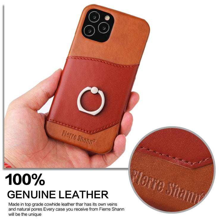 For iPhone 12 / 12 Pro Fierre Shann Oil Wax Texture Genuine Leather Back Cover Case with 360 Degree Rotation Holder & Card Slot(Light Brown+Dark Brown) - iPhone 12 / 12 Pro Cases by FIERRE SHANN | Online Shopping UK | buy2fix