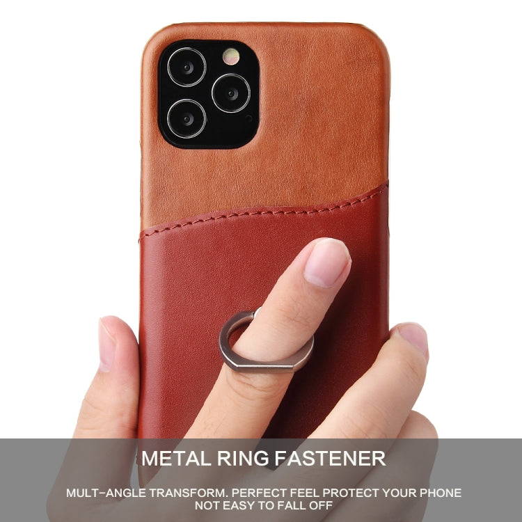For iPhone 12 / 12 Pro Fierre Shann Oil Wax Texture Genuine Leather Back Cover Case with 360 Degree Rotation Holder & Card Slot(Light Brown+Dark Brown) - iPhone 12 / 12 Pro Cases by FIERRE SHANN | Online Shopping UK | buy2fix