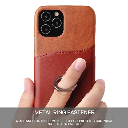 For iPhone 12 / 12 Pro Fierre Shann Oil Wax Texture Genuine Leather Back Cover Case with 360 Degree Rotation Holder & Card Slot(Light Brown+Dark Brown) - iPhone 12 / 12 Pro Cases by FIERRE SHANN | Online Shopping UK | buy2fix