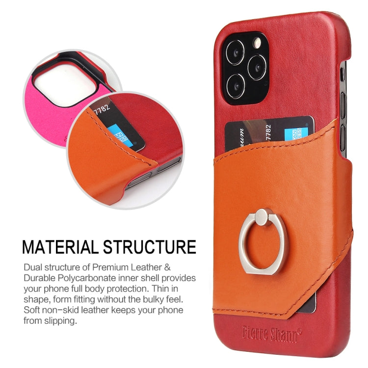 For iPhone 12 / 12 Pro Fierre Shann Oil Wax Texture Genuine Leather Back Cover Case with 360 Degree Rotation Holder & Card Slot(Red+Light Brown) - iPhone 12 / 12 Pro Cases by FIERRE SHANN | Online Shopping UK | buy2fix