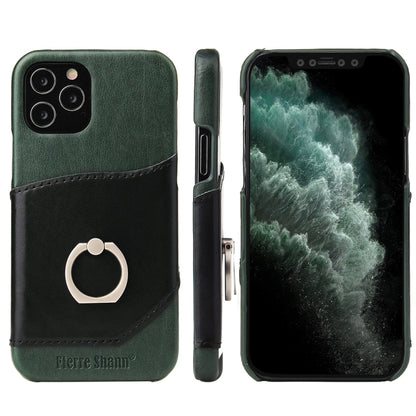 For iPhone 12 / 12 Pro Fierre Shann Oil Wax Texture Genuine Leather Back Cover Case with 360 Degree Rotation Holder & Card Slot(Black+Green) - iPhone 12 / 12 Pro Cases by FIERRE SHANN | Online Shopping UK | buy2fix