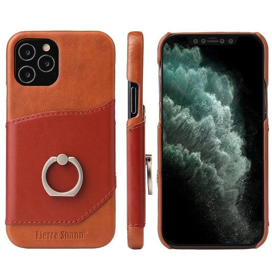 For iPhone 12 mini Fierre Shann Oil Wax Texture Genuine Leather Back Cover Case with 360 Degree Rotation Holder & Card Slot(Light Brown+Dark Brown) - iPhone 12 mini Cases by FIERRE SHANN | Online Shopping UK | buy2fix