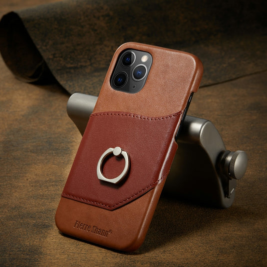 For iPhone 12 mini Fierre Shann Oil Wax Texture Genuine Leather Back Cover Case with 360 Degree Rotation Holder & Card Slot(Light Brown+Dark Brown) - iPhone 12 mini Cases by FIERRE SHANN | Online Shopping UK | buy2fix