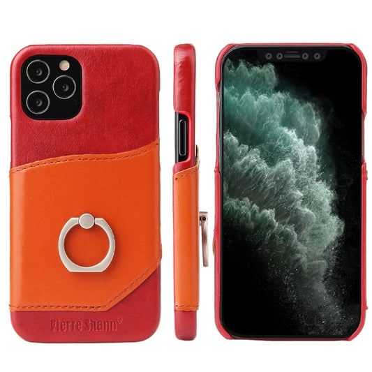 For iPhone 12 mini Fierre Shann Oil Wax Texture Genuine Leather Back Cover Case with 360 Degree Rotation Holder & Card Slot(Red+Light Brown) - iPhone 12 mini Cases by FIERRE SHANN | Online Shopping UK | buy2fix