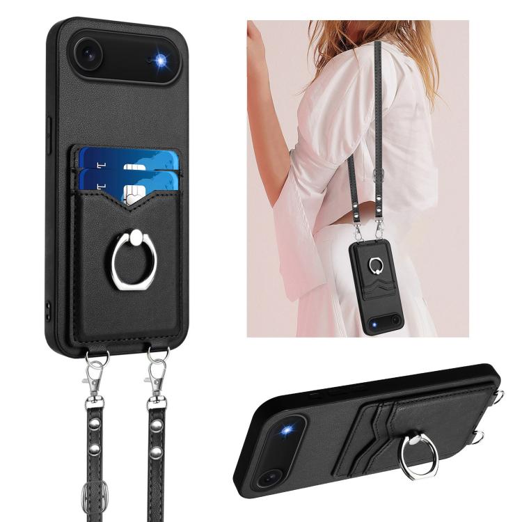 For iPhone Air R20 Crossbody Rope Ring Card Holder Phone Case(Black) - iPhone Air Cases by buy2fix | Online Shopping UK | buy2fix