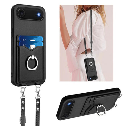 For iPhone Air R20 Crossbody Rope Ring Card Holder Phone Case(Black) - iPhone Air Cases by buy2fix | Online Shopping UK | buy2fix