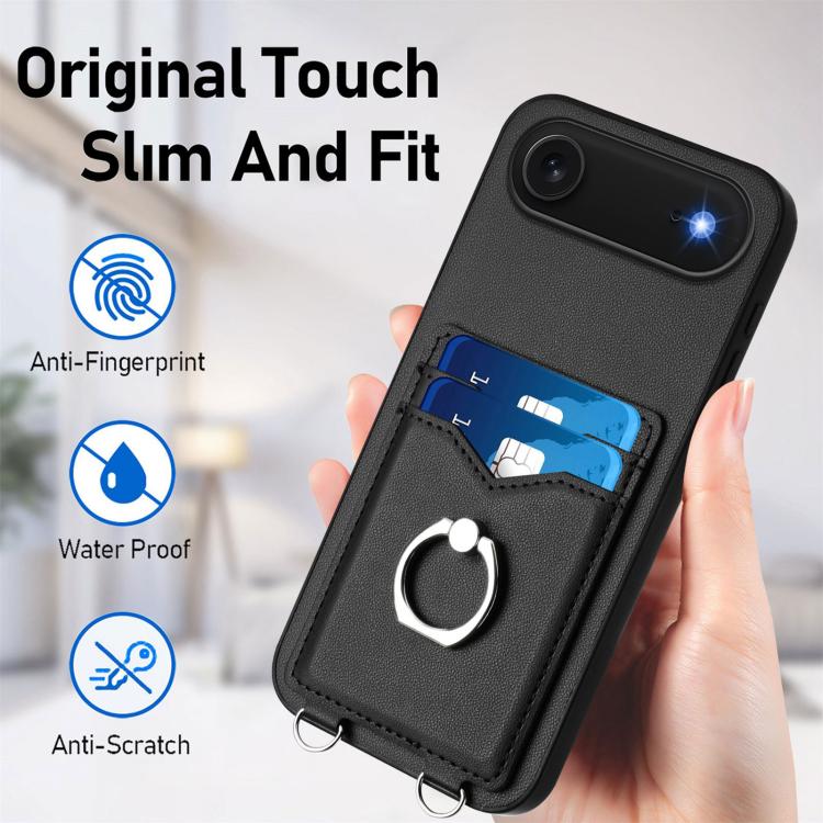 For iPhone Air R20 Crossbody Rope Ring Card Holder Phone Case(Black) - iPhone Air Cases by buy2fix | Online Shopping UK | buy2fix