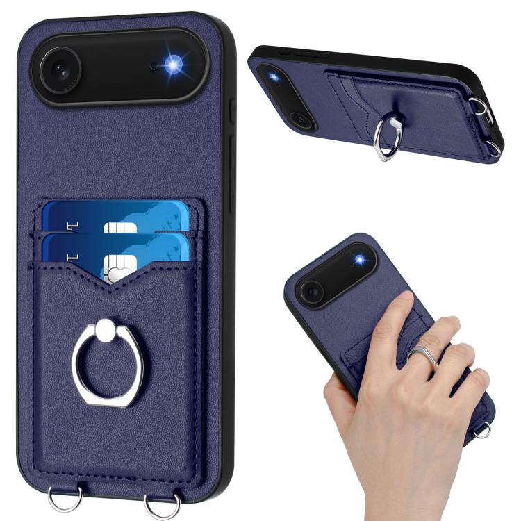 For iPhone Air R20 Crossbody Rope Ring Card Holder Phone Case(Blue) - iPhone Air Cases by buy2fix | Online Shopping UK | buy2fix