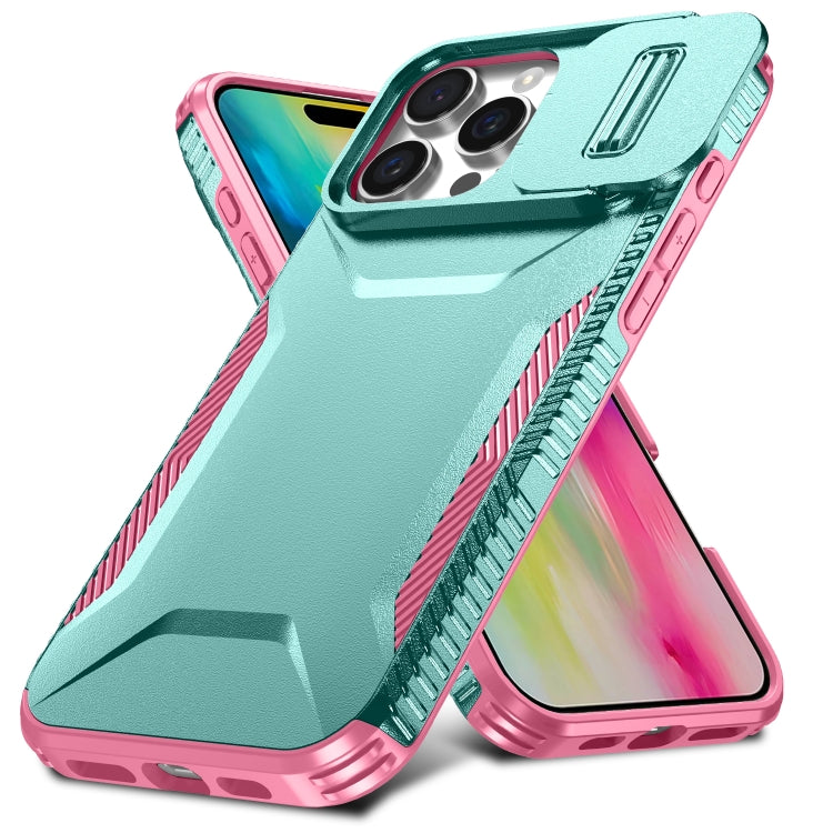 For iPhone 16 Pro Max Sliding Camshield Phone Case(Grey Green + Pink) by buy2fix