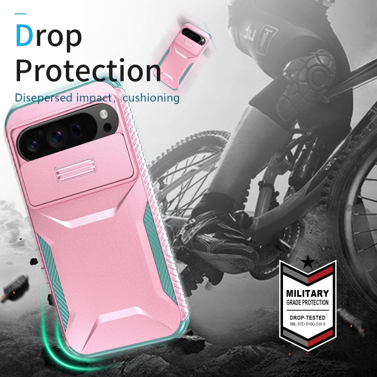 For Google Pixel 10 Pro XL / 9 Pro XL Sliding Camshield Phone Case(Pink + Grey Green) by buy2fix