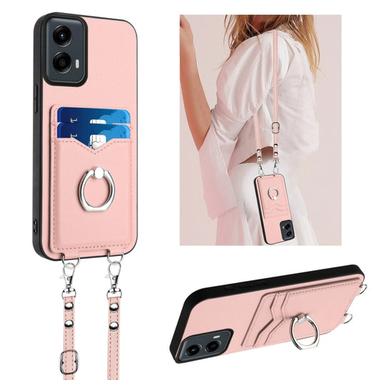 For Motorola Moto G Play 2024 5G R20 Crossbody Rope Ring Card Holder Phone Case(Pink) by buy2fix