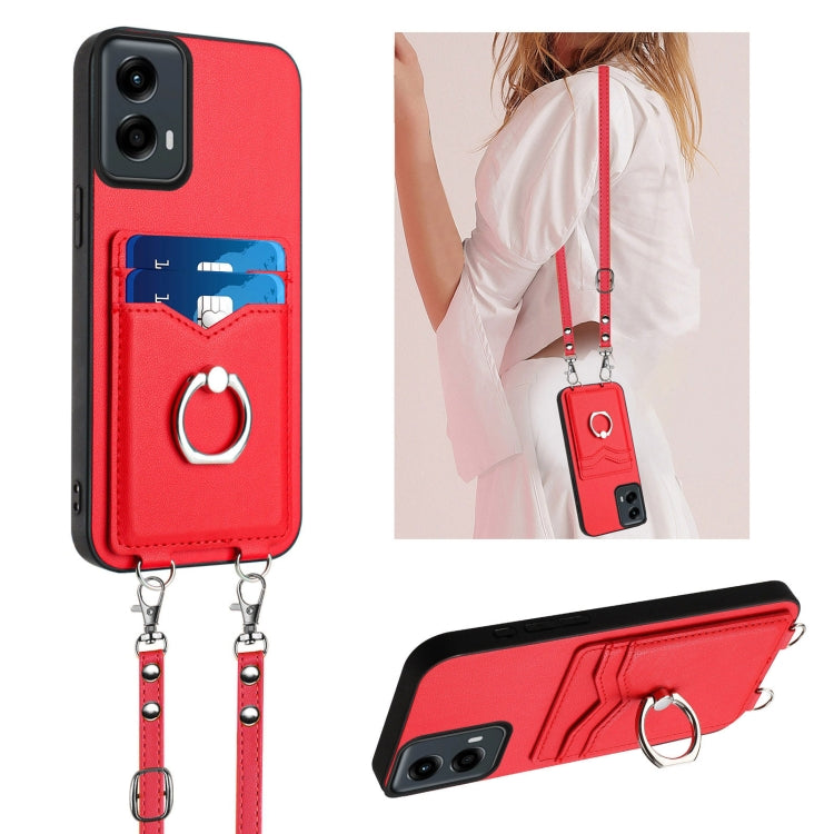 For Motorola Moto G Play 2024 5G R20 Crossbody Rope Ring Card Holder Phone Case(Red) by buy2fix
