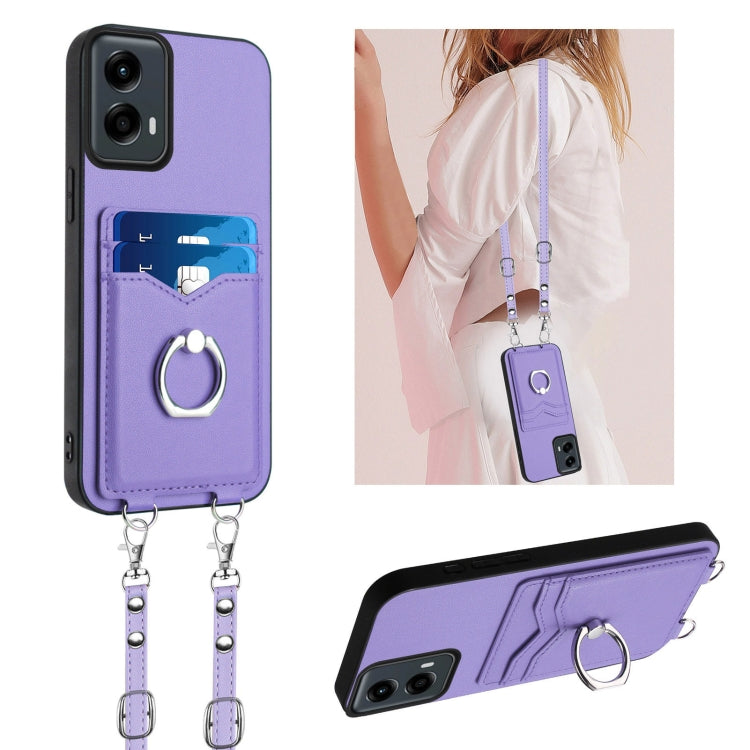 For Motorola Moto G Play 2024 5G R20 Crossbody Rope Ring Card Holder Phone Case(Purple) by buy2fix