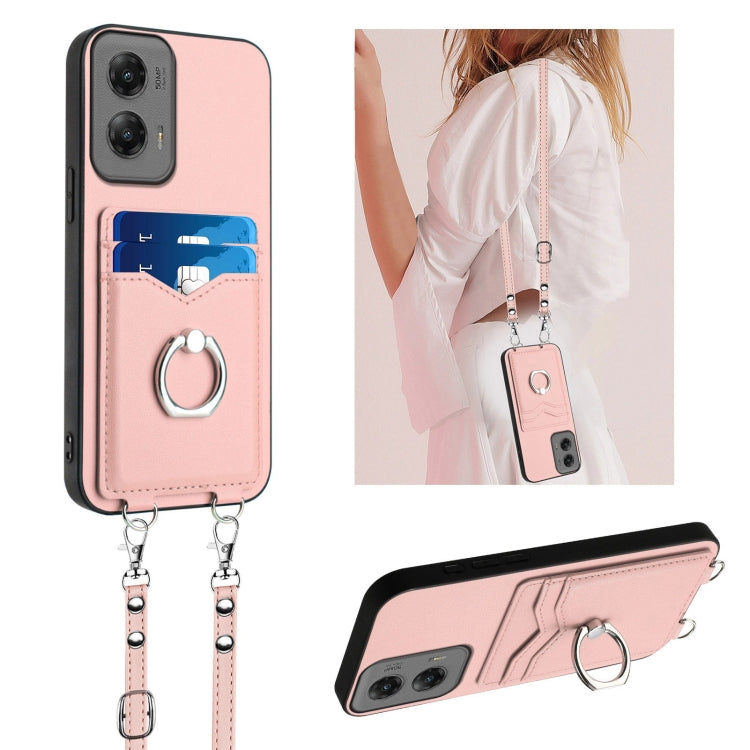 For Motorola Moto G Stylus 5G 2024 R20 Crossbody Rope Ring Card Holder Phone Case(Pink) by buy2fix