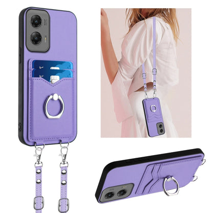 For Motorola Moto G Stylus 5G 2024 R20 Crossbody Rope Ring Card Holder Phone Case(Purple) by buy2fix