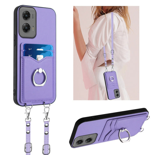 For Motorola Moto G Stylus 5G 2024 R20 Crossbody Rope Ring Card Holder Phone Case(Purple) by buy2fix