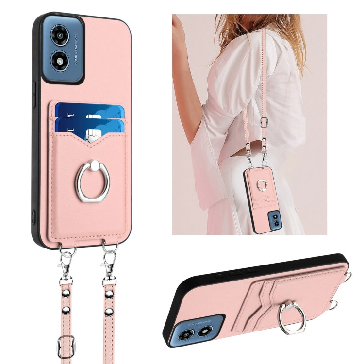 For Motorola Moto G Play 2024 4G R20 Crossbody Rope Ring Card Holder Phone Case(Pink) by buy2fix
