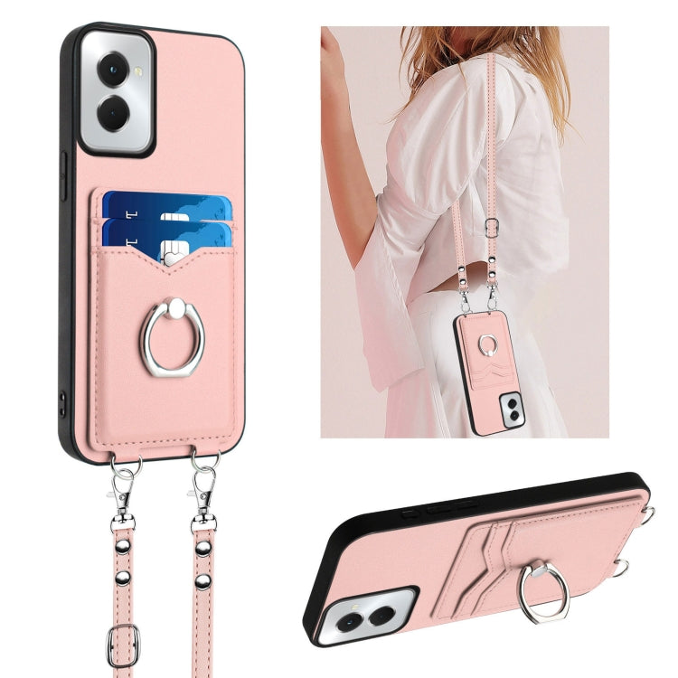 For Motorola Moto G Power 5G 2024 R20 Crossbody Rope Ring Card Holder Phone Case(Pink) by buy2fix