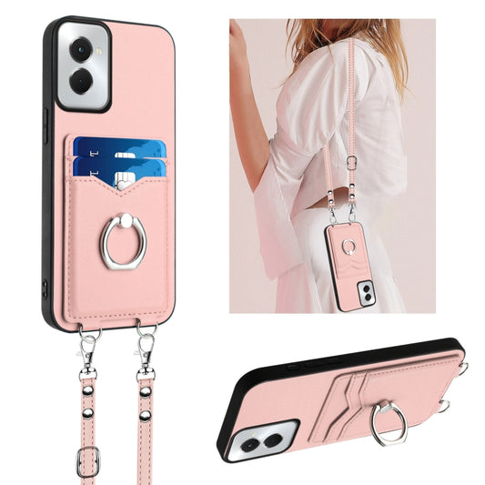 For Motorola Moto G Power 5G 2024 R20 Crossbody Rope Ring Card Holder Phone Case(Pink) by buy2fix