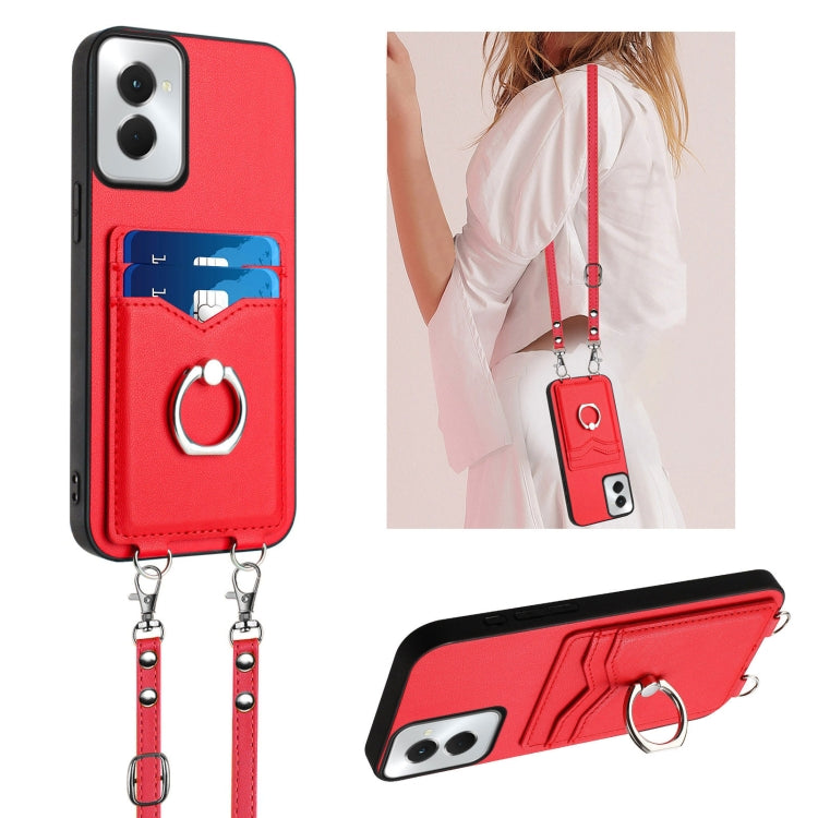 For Motorola Moto G Power 5G 2024 R20 Crossbody Rope Ring Card Holder Phone Case(Red) by buy2fix