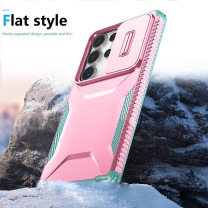 For Samsung Galaxy S25 Ultra 5G Sliding Camshield Phone Case(Pink + Grey Green) by buy2fix