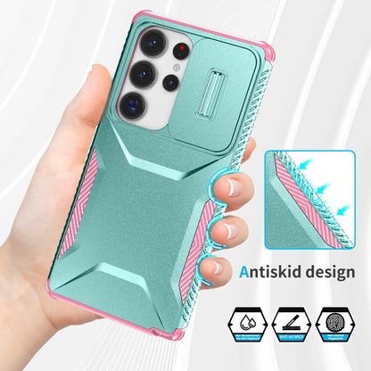 For Samsung Galaxy S25 Ultra 5G Sliding Camshield Phone Case(Grey Green + Pink) by buy2fix