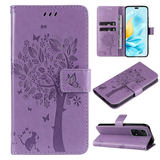 For Honor 200 Lite Global Tree & Cat Embossed Pattern Flip Leather Phone Case(Light Purple)