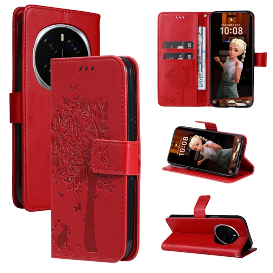 For Honor Magic7 Pro Tree & Cat Embossed Pattern Flip Leather Phone Case(Red)