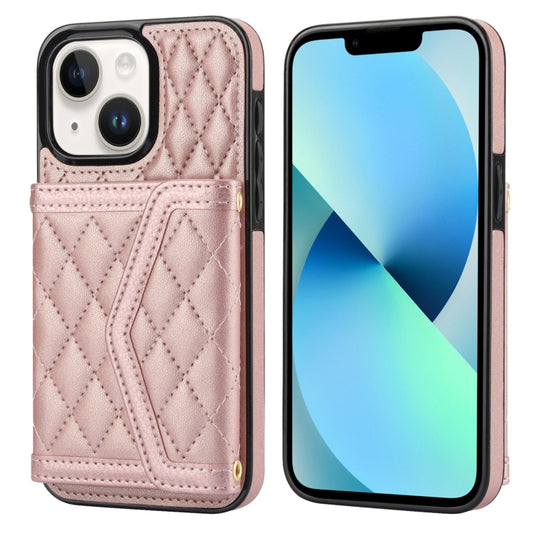 For iPhone 13 / 14 Splicing Rhombic Texture Card Bag Phone Case with Long Lanyard(Rose Gold) - iPhone 14 Cases by buy2fix | Online Shopping UK | buy2fix