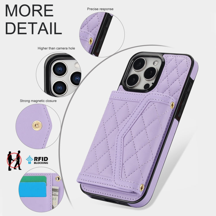 For iPhone 13 / 14 Splicing Rhombic Texture Card Bag Phone Case with Long Lanyard(Purple) - iPhone 14 Cases by buy2fix | Online Shopping UK | buy2fix