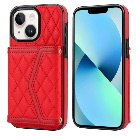 For iPhone 13 / 14 Splicing Rhombic Texture Card Bag Phone Case with Long Lanyard(Red) - iPhone 14 Cases by buy2fix | Online Shopping UK | buy2fix