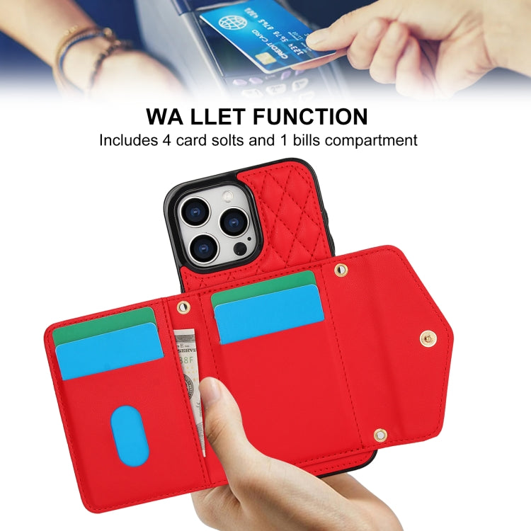 For iPhone 13 / 14 Splicing Rhombic Texture Card Bag Phone Case with Long Lanyard(Red) - iPhone 14 Cases by buy2fix | Online Shopping UK | buy2fix