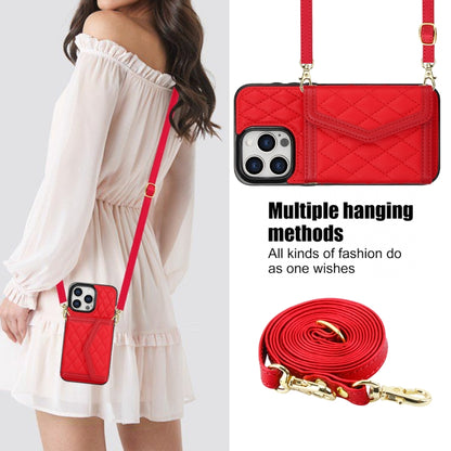 For iPhone 13 / 14 Splicing Rhombic Texture Card Bag Phone Case with Long Lanyard(Red) - iPhone 14 Cases by buy2fix | Online Shopping UK | buy2fix