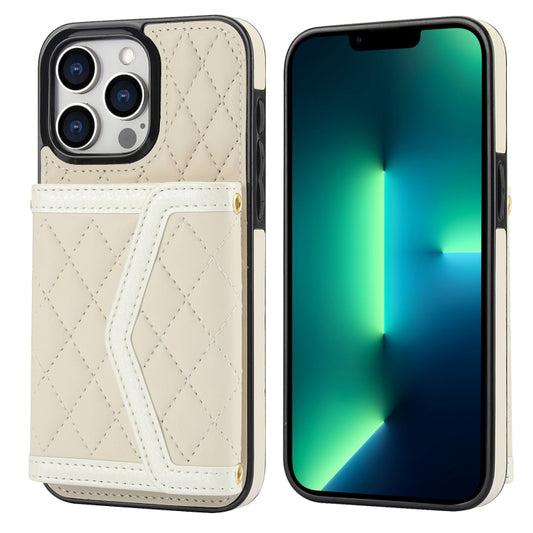 For iPhone 13 Pro Max Splicing Rhombic Texture Card Bag Phone Case with Long Lanyard(Beige) - iPhone 13 Pro Max Cases by buy2fix | Online Shopping UK | buy2fix