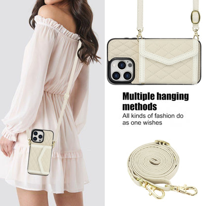 For iPhone 13 Pro Max Splicing Rhombic Texture Card Bag Phone Case with Long Lanyard(Beige) - iPhone 13 Pro Max Cases by buy2fix | Online Shopping UK | buy2fix