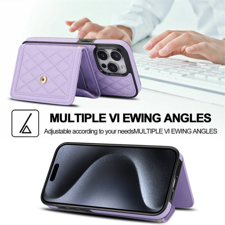 For iPhone 13 Pro Max Splicing Rhombic Texture Card Bag Phone Case with Long Lanyard(Purple) - iPhone 13 Pro Max Cases by buy2fix | Online Shopping UK | buy2fix