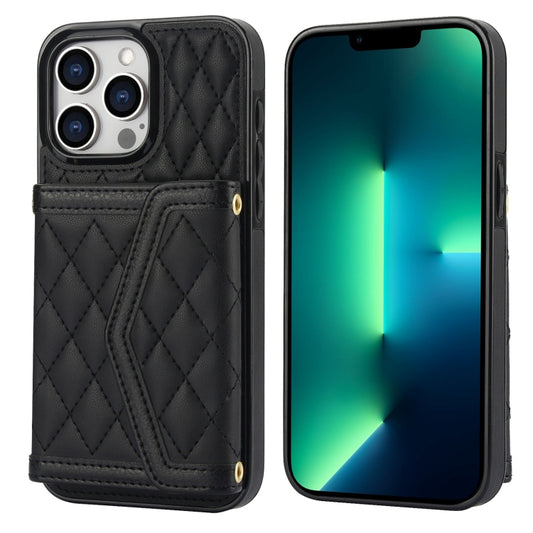 For iPhone 13 Pro Max Splicing Rhombic Texture Card Bag Phone Case with Long Lanyard(Black) - iPhone 13 Pro Max Cases by buy2fix | Online Shopping UK | buy2fix