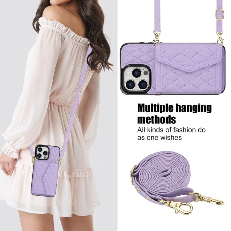 For iPhone 13 Pro Splicing Rhombic Texture Card Bag Phone Case with Long Lanyard(Purple) - iPhone 13 Pro Cases by buy2fix | Online Shopping UK | buy2fix