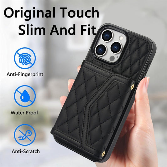 For iPhone 13 Pro Splicing Rhombic Texture Card Bag Phone Case with Long Lanyard(Black) - iPhone 13 Pro Cases by buy2fix | Online Shopping UK | buy2fix