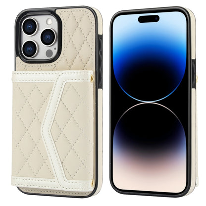 For iPhone 14 Pro Max Splicing Rhombic Texture Card Bag Phone Case with Long Lanyard(Beige) - iPhone 14 Pro Max Cases by buy2fix | Online Shopping UK | buy2fix