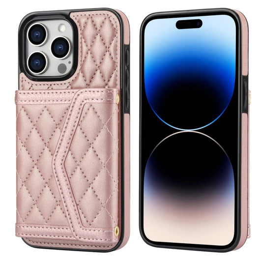 For iPhone 14 Pro Max Splicing Rhombic Texture Card Bag Phone Case with Long Lanyard(Rose Gold) - iPhone 14 Pro Max Cases by buy2fix | Online Shopping UK | buy2fix