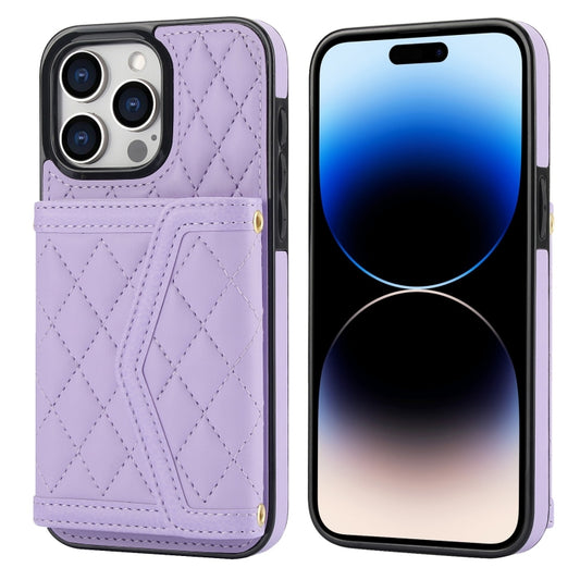 For iPhone 14 Pro Max Splicing Rhombic Texture Card Bag Phone Case with Long Lanyard(Purple) - iPhone 14 Pro Max Cases by buy2fix | Online Shopping UK | buy2fix